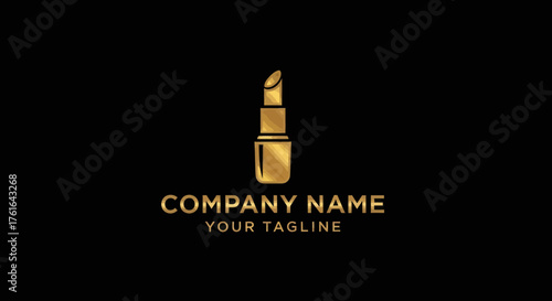 Golden lipstick logo with company name and tagline on black background.