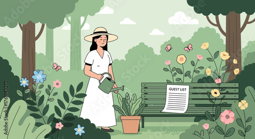 Woman watering potted plant next to guest list on bench in garden scene