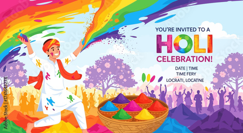 Vibrant invitation to a Holi festival, celebrating the joyful Hindu tradition