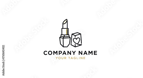 Minimalist lipstick logo with heart icon line art design.