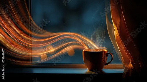 Embracing the warmth of cozy fall mornings with a cup of tea. Communication network. A quiet autumn morning with a steaming cup overlooking colorful leaves. Social connections.