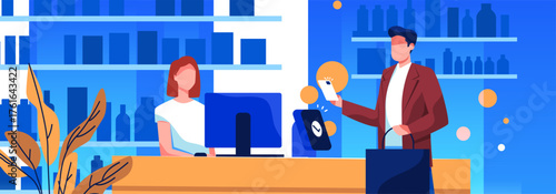 Cashier counter contactless payment man using smartphone modern retail store interior blue background computer shopping bag plant