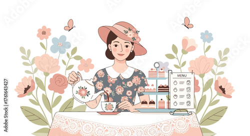 Elegant afternoon tea service featuring a lady surrounded by floral elements