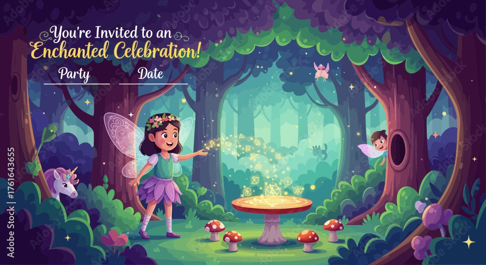 Naklejka premium Magical woodland fairy party invitation with enchanting forest celebration