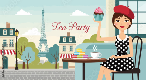 Charming French Tea Party Illustration with Elegant Woman and Eiffel Tower