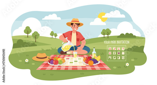 Relaxing picnic in the park on a sunny day with fresh fruits and refreshments