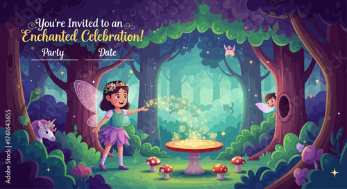 Magical woodland fairy party invitation with enchanting forest celebration