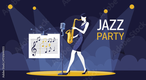 Elegant jazz performer under spotlight, stylized musical celebration atmosphere