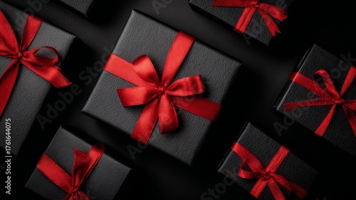 Top view of elegant black christmas gift boxes with red ribbons on dark background for holiday celebration and festive wrapping design
