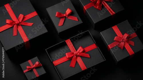 Top view of elegant black christmas gift boxes with red ribbons on dark background for holiday celebration and festive wrapping design