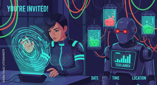 Cyberpunk Invitation: Futuristic Tech Launch Event with Human and Robot Collaboration