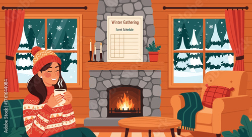Cozy winter cabin scene with a woman enjoying hot beverage by the fireside