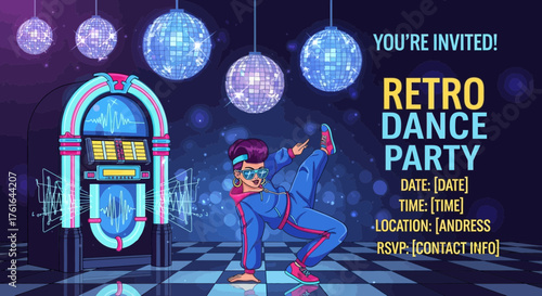 Vibrant retro dance party invitation featuring a dancing woman and disco balls