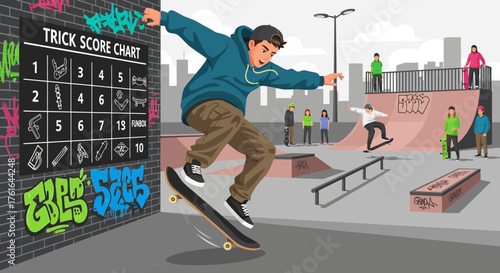Dynamic skateboarding scene at the park, featuring a trick score chart and graffiti art