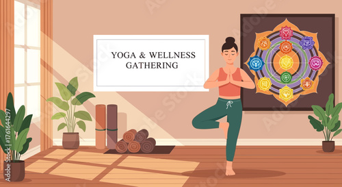 Serene yoga practice in studio with chakra art and natural light streams in