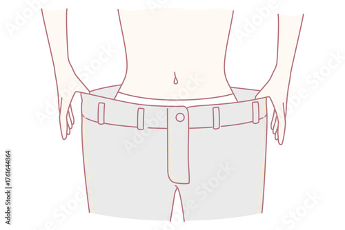 Fit slim woman in loose big pants show results of diet or sport activities. Toned skinny female demonstrate thin waist after losing weight. Wellness, healthcare concept. Flat vector illustration.