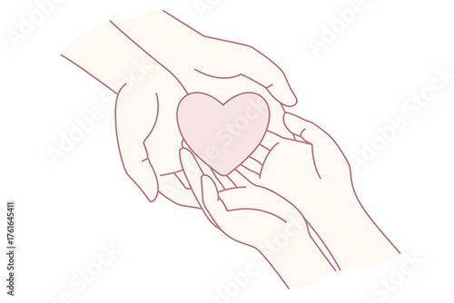 People hold heart in hands show love and care in relations. Human kindness and support. Volunteer demonstrate mercy and goodness. Charity, affection concept. Flat vector illustration.