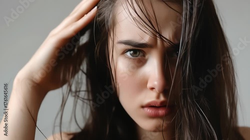 woman very sad and upset looking at damaged hair, hair loss, hair thinning problem, vitamin deficiency, baldness, postpartum, biotin, zinc, menstrual or endocrine disorders, hormonal imbalance