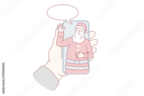 Person hold cellphone talk on video call with Santa Claus on home lockdown or quarantine. Speaking with Christmas father on virtual webcam event on smartphone. New Year. Vector illustration.