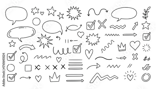 Vector art of collection of handdrawn doodle elements including speech bubbles, arrows, hearts, stars, checkmarks, and crowns