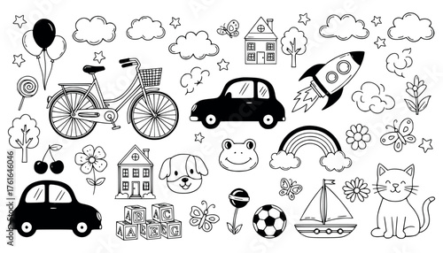 Vector art of collection of handdrawn doodle elements including vehicles, animals, houses, and toys