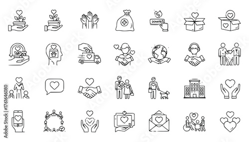 Vector art of set of handdrawn icons representing charity, donation, and support