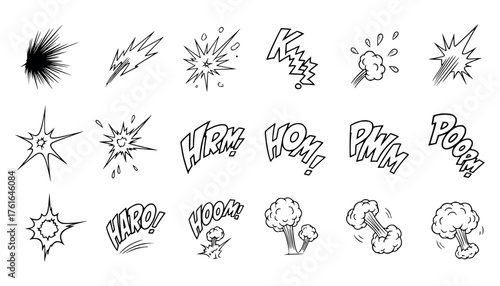 Vector art of collection of comic book sound effect and explosion illustrations
