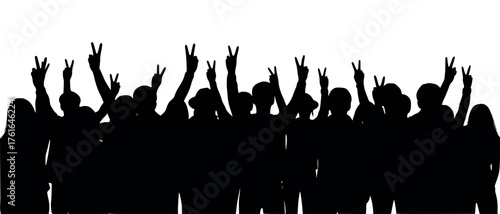 Vector art of silhouette of a crowd of people raising their hands with peace signs