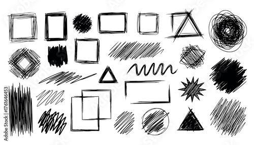 Vector art of collection of handdrawn sketch shapes and scribbles, including squares, triangles, circles, and lines
