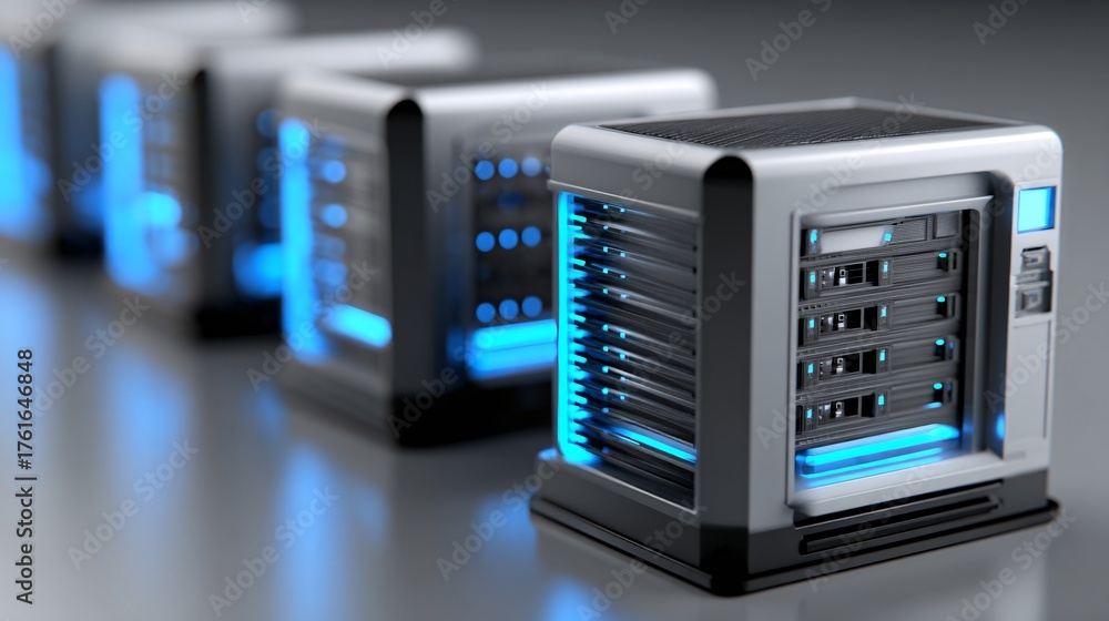 Fototapeta premium imagine photorealistic server rack with glowing security HUD overlay, blue backlighting, isometric angle, bright clean data center, futuristic vibe