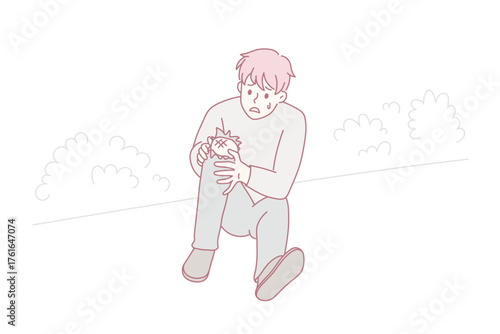 Upset little boy child cry over broken knee play outdoor alone. Unhappy small kid distressed with leg trauma. Childcare, health problem concept. Children activity. Flat vector illustration.