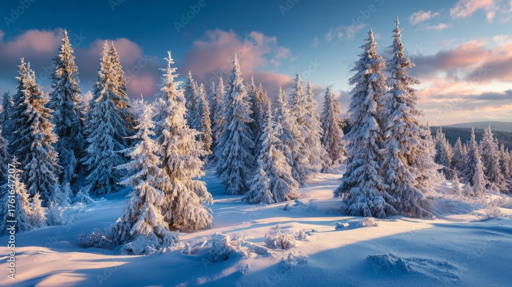 Fototapeta premium Frosty dreams: the vibrant winter landscapes of the carpathian mountains. Blockbuster art. Icy morning in the carpathians: sunrise hues on snow-dusted firs. Drama poster. Action poster.