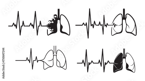 Heartbeat line morphing into lungs outline, clean black cardiograph awareness symbol for respiratory health, early detection, and wellness campaigns