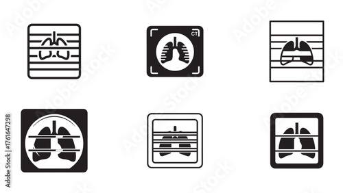 Ct-scan frame with simplified lung silhouette and scan bars as negative space, crisp black radiology icon for screening, diagnosis, and clinic signage