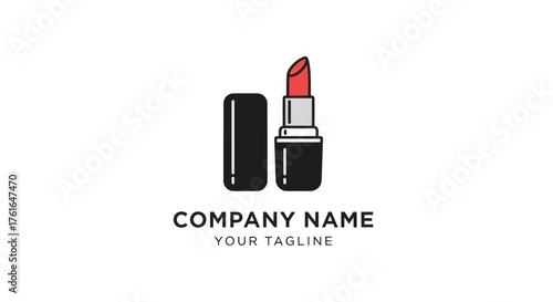Elegant Red Lipstick Open With Cap Beside It Minimalist Logo Design.