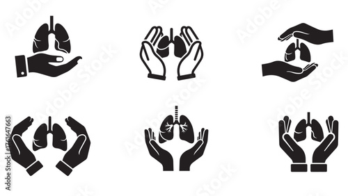 Hands cupping lungs silhouette, strong black care and protection icon for clinics, donations, screening drives, and patient support messaging