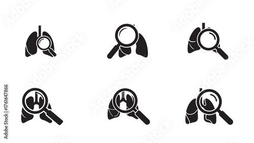 Magnifying glass over lung silhouette, bold black pictogram for early detection, screening checks, and research-driven awareness communications