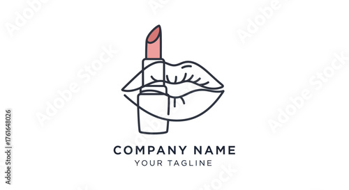 Minimalist line art logo of lipstick and lips for a beauty company.