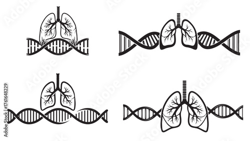 Dna helix subtly forming lung lobes, scientific black research icon for biomarkers, trials, and innovation in respiratory cancer awareness