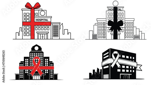 Hospital building with awareness ribbon on facade, minimal black healthcare skyline icon for screening centers, oncology units, and city campaigns