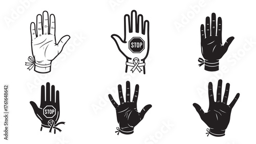 Stop sign hand with tiny ribbon at wrist, clear black prevention symbol for quit smoking, risk reduction, and november lung awareness campaigns
