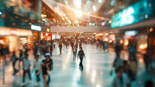 Abstract blurred photo of many people shopping inside department store or modern  shopping mall. Urban lifestyle and black Friday shopping, motion, speed, blurred, group, city, modern