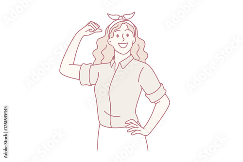 Feminism, self confidence of woman concept. Young smiling girl cartoon character standing showing biceps feeling confident strong vector illustration