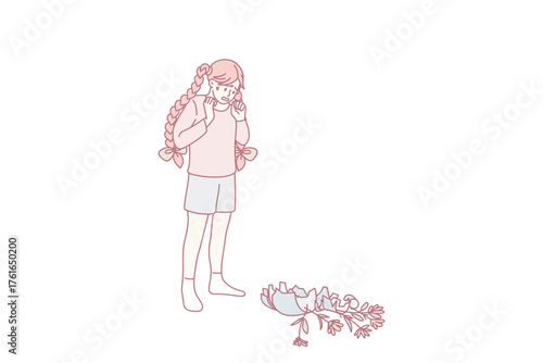 Unhappy little girl feel distressed break vase with flowers. Sad upset kid feel guilty for crashing pot into pieces. Naughty children, childhood concept. Flat vector illustration, cartoon, character.
