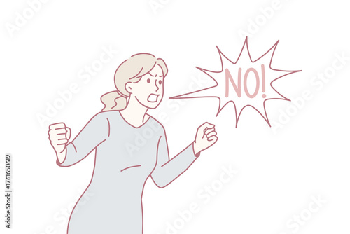 Angry young woman scream yell No protest against discrimination or gender inequality. Mad furious girl shout demonstrate dissatisfaction. Freedom of speech concept. Vector illustration.
