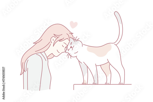 Loving domestic pets and cat person concept. Smiling red haired girl standing and leaning on loving cat kitty with her head feeling in love vector illustration