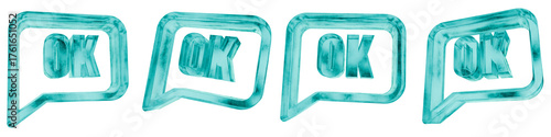 Set of four 3D ok message shapes in frosted blue ice glass style, isolated on a transparent background. Glassmorphism icons and 3D elements for modern graphic design.