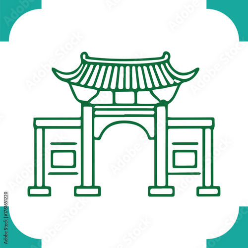 Traditional Chinese architectural gate with green outline and details.