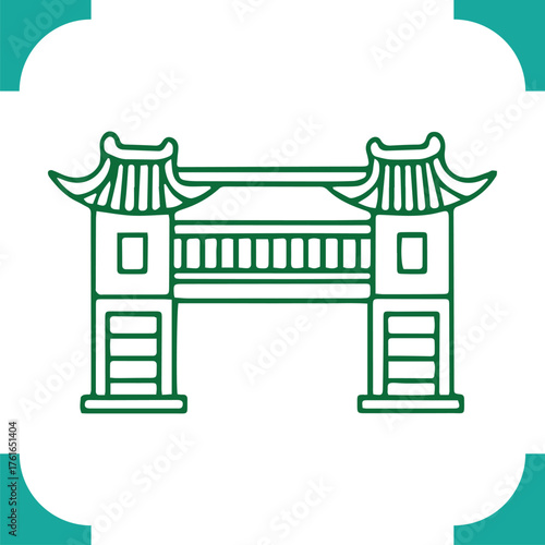 Traditional Chinese Gate Archway Landmark Outline Icon Illustration.