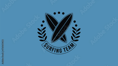 Join the surfing team with this cool logo featuring crossed surfboards and laurel wreath on a trendy blue background for your next project